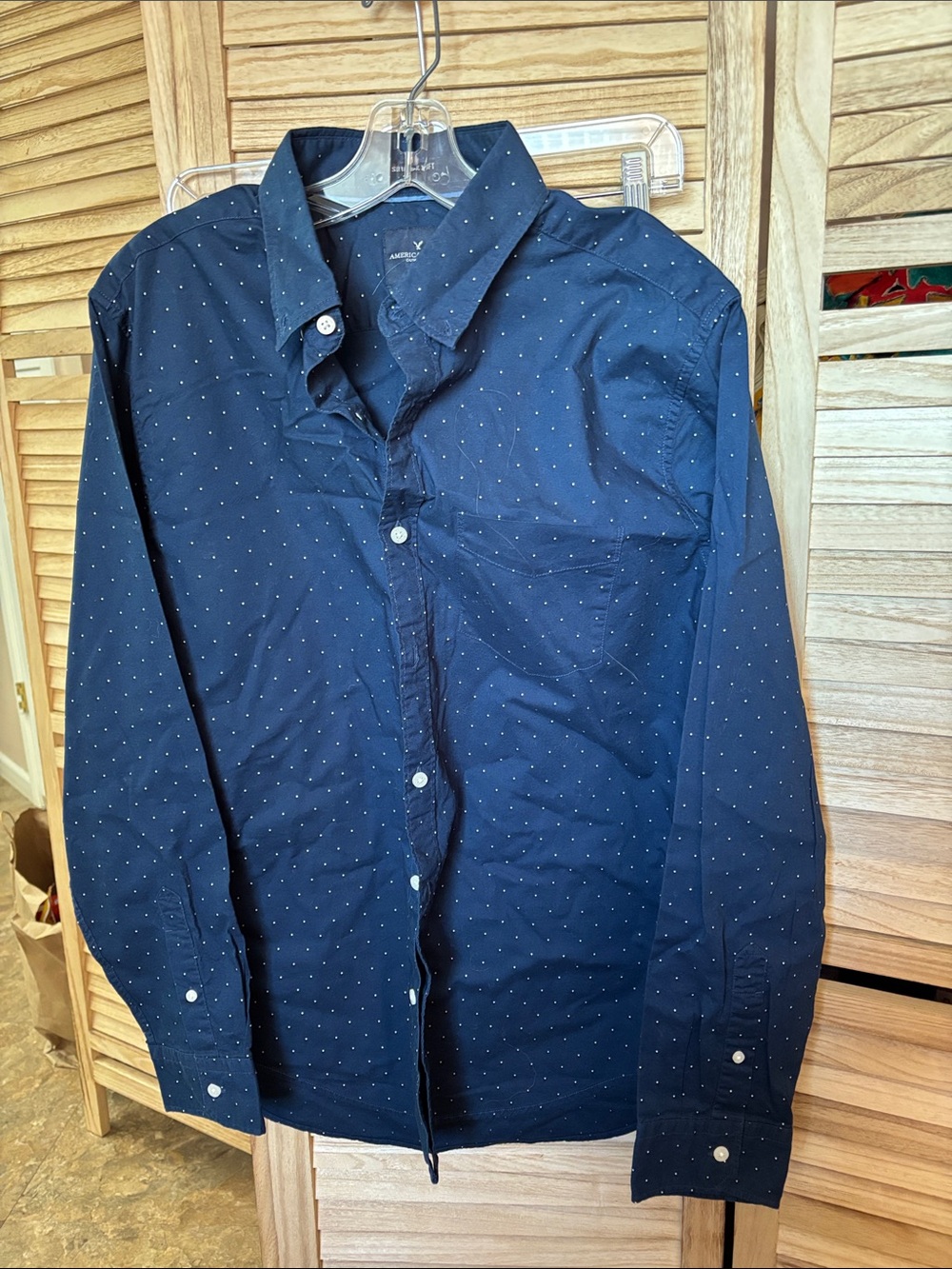 American Eagle Outfitters Navy Shirt with White Microdots Large
